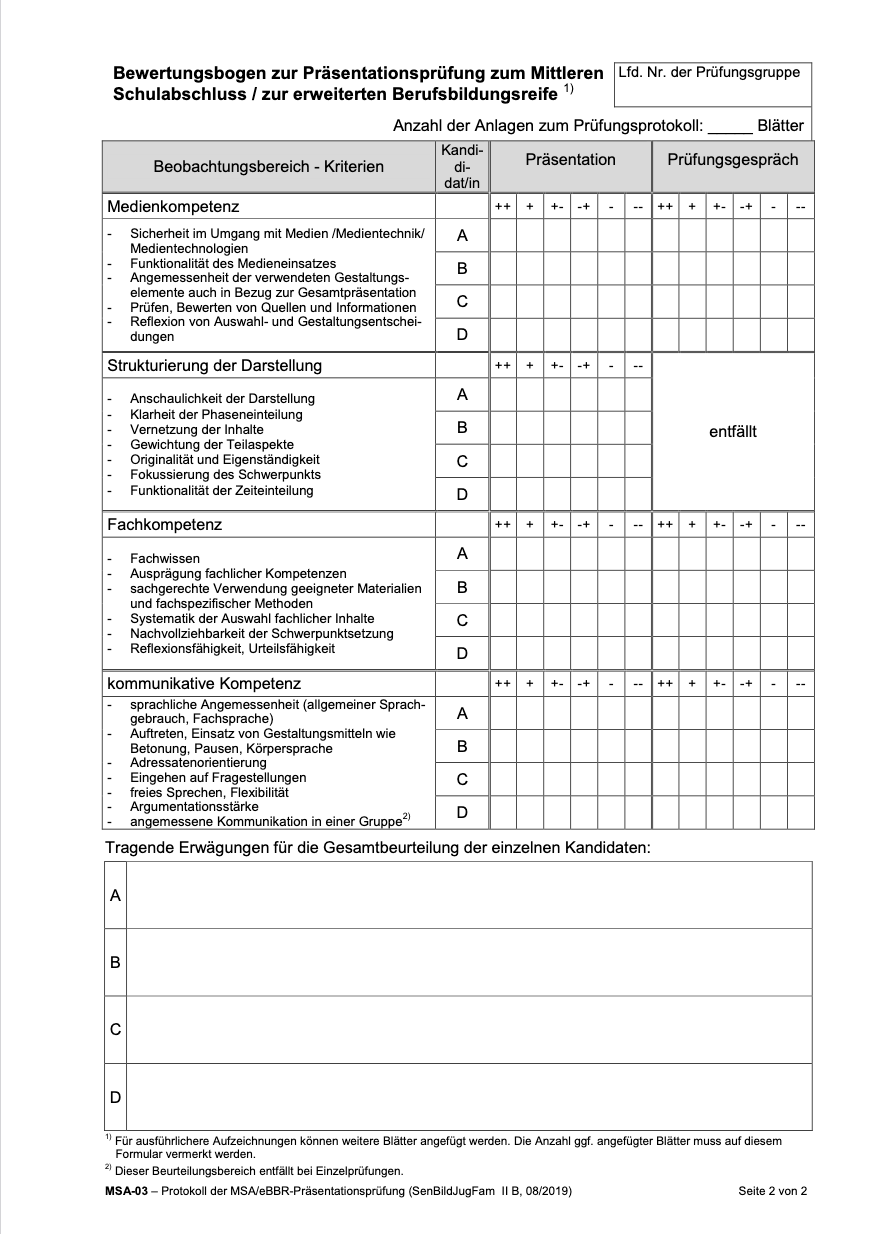 Bewertungsbogen zur Präsentationsprüfung im MSA
